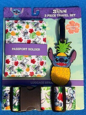 NEW DISNEY STITCH 3 PIECE TRAVEL SET LUGGAGE TAG / PASSPORT HOLDER & BAG STRAP